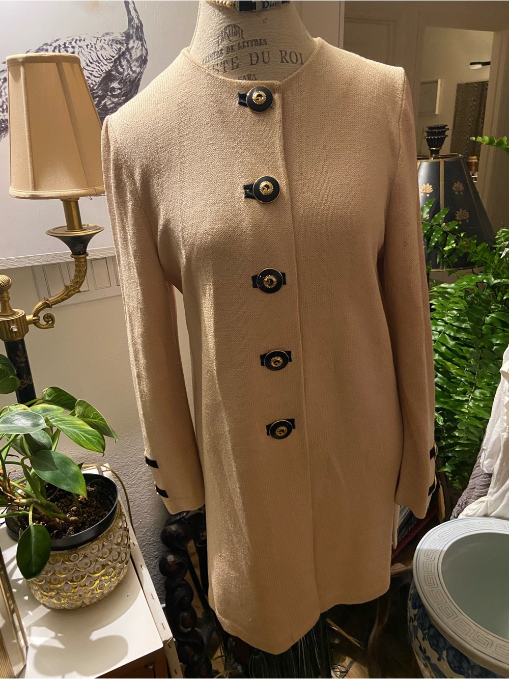 Classic Beige Women's Coat Dress with Decorative Buttons
